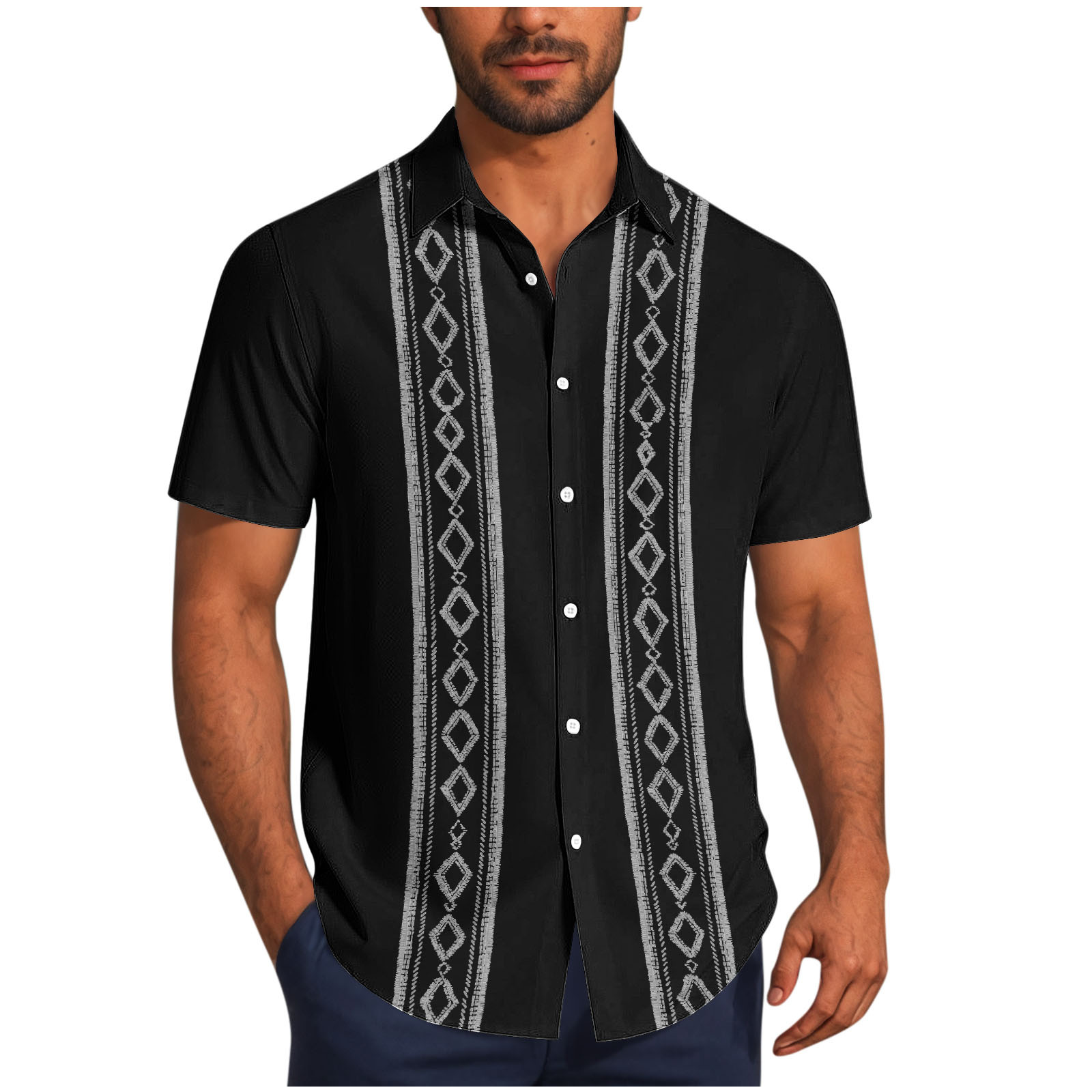 Mens Linen Cotton Shirts Casual Button Down Short Sleeve Cuban Guayabera Band Collar Shirt Summer Beach T-Shirt